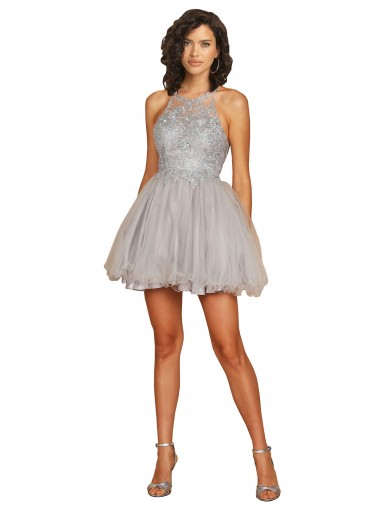Acquista Argento Linea A Capestro Corto Tulle Corto Abiti da damigella donore / Abiti da cocktail