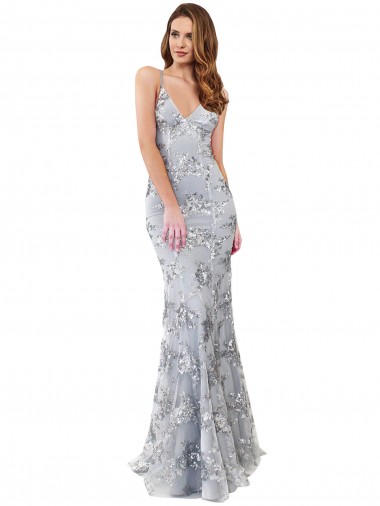 Acquista Argento Stile sirena Alto Collo Crespo Elastico Paillettes Tulle Lunga Formali Abiti da damigella donore / Abiti da sera / Abiti da ballo