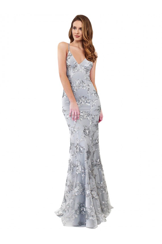 Acquista Argento Stile sirena Alto Collo Crespo Elastico Paillettes Tulle Lunga Formali Abiti da damigella donore / Abiti da sera / Abiti da ballo