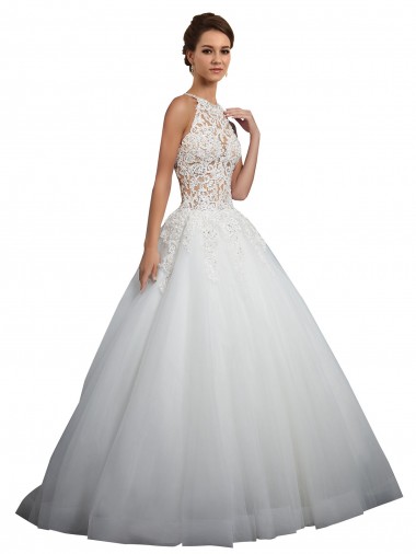 Acquista Avorio Abito da ballo Alto Collo Tulle Pizzo Abiti da sposa