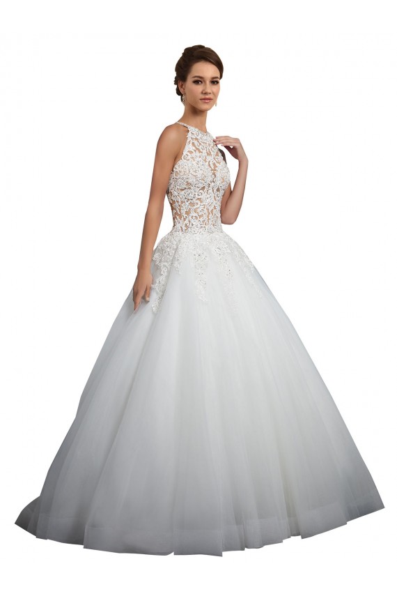 Acquista Avorio Abito da ballo Alto Collo Tulle Pizzo Abiti da sposa