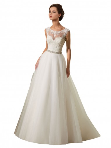 Acquista Avorio Abito da ballo Illusione Tulle Pizzo Abiti da sposa