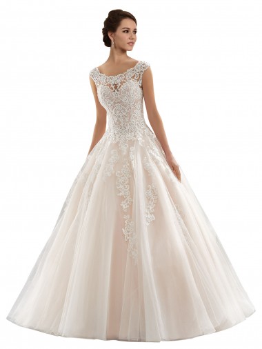 Acquista Avorio & Champagne Abito da ballo Barca Tulle Pizzo Abiti da sposa