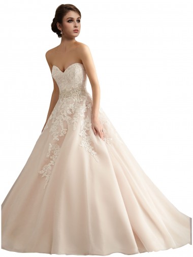 Acquista Avorio & Champagne Abito da ballo Scollatura a V Cattedrale di treno Tulle Pizzo Abiti da sposa
