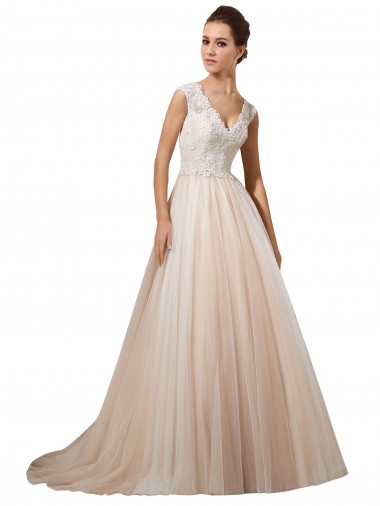 Acquista Avorio & Champagne Linea A Scollatura a V Tulle Pizzo Abiti da sposa