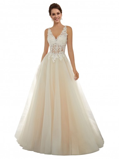 Acquista Avorio & Champagne Linea A Scollatura a V Tulle Pizzo Classico Abiti da sposa