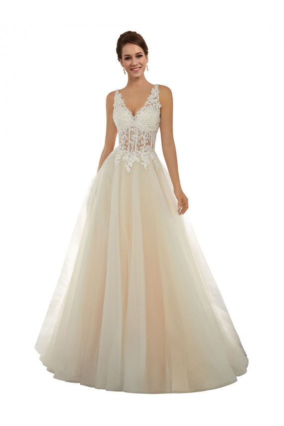 Acquista Avorio & Champagne Linea A Scollatura a V Tulle Pizzo Classico Abiti da sposa