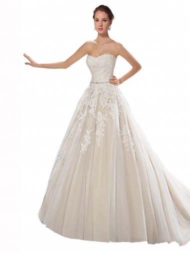 Acquista Avorio & Champagne Linea A Senza spalline Tulle Pizzo Abiti da sposa