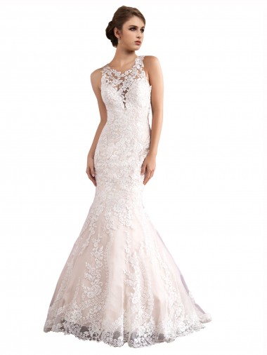 Acquista Avorio & Champagne Stile sirena Illusione Cattedrale di treno Tulle Pizzo Abiti da sposa