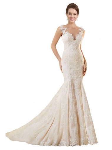 Acquista Avorio & Champagne Stile sirena Illusione Pizzo Abiti da sposa