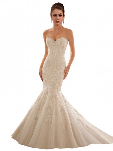Acquista Avorio & Champagne Stile sirena Innamorato Tulle Pizzo Abiti da sposa