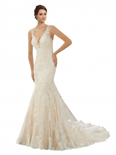 Acquista Avorio & Champagne Stile sirena Scollatura a V Pizzo Abiti da sposa