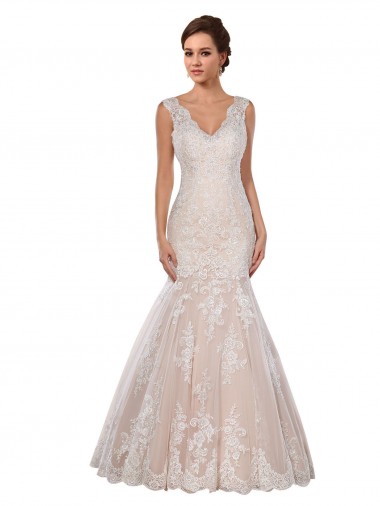 Acquista Avorio & Champagne Stile sirena Scollatura a V Pizzo Classico Abiti da sposa
