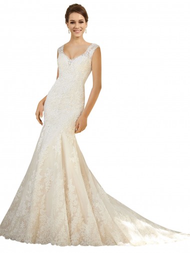 Acquista Avorio & Champagne Stile sirena Scollatura a V Tulle Pizzo Abiti da sposa