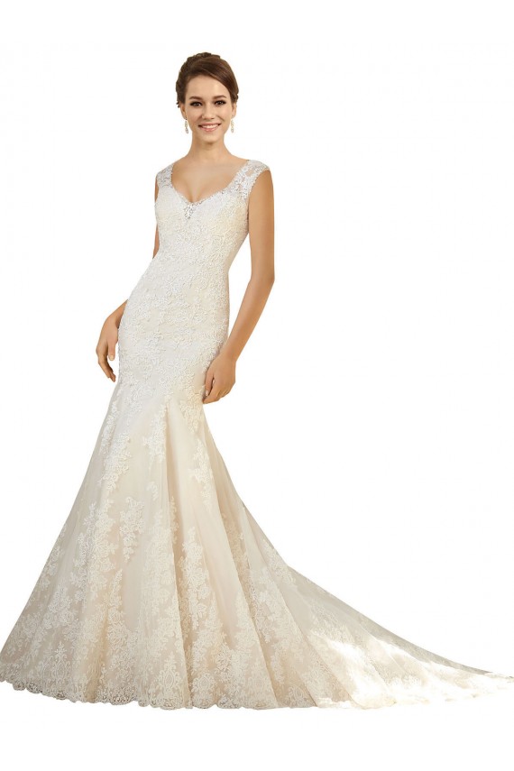 Acquista Avorio & Champagne Stile sirena Scollatura a V Tulle Pizzo Abiti da sposa