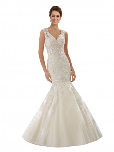 Acquista Avorio & Champagne Stile sirena Scollatura a V Tulle Pizzo Abiti da sposa