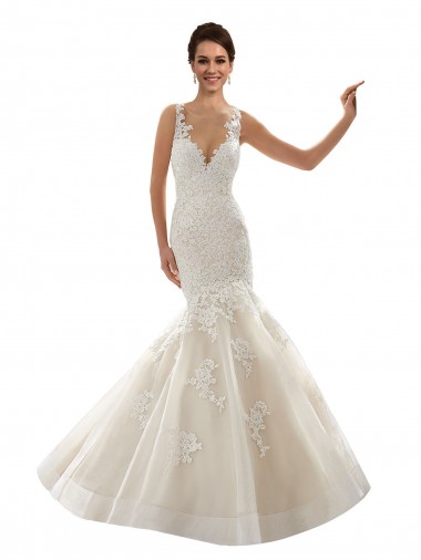Acquista Avorio & Champagne Stile sirena Scollatura a V Tulle Pizzo Classico Abiti da sposa