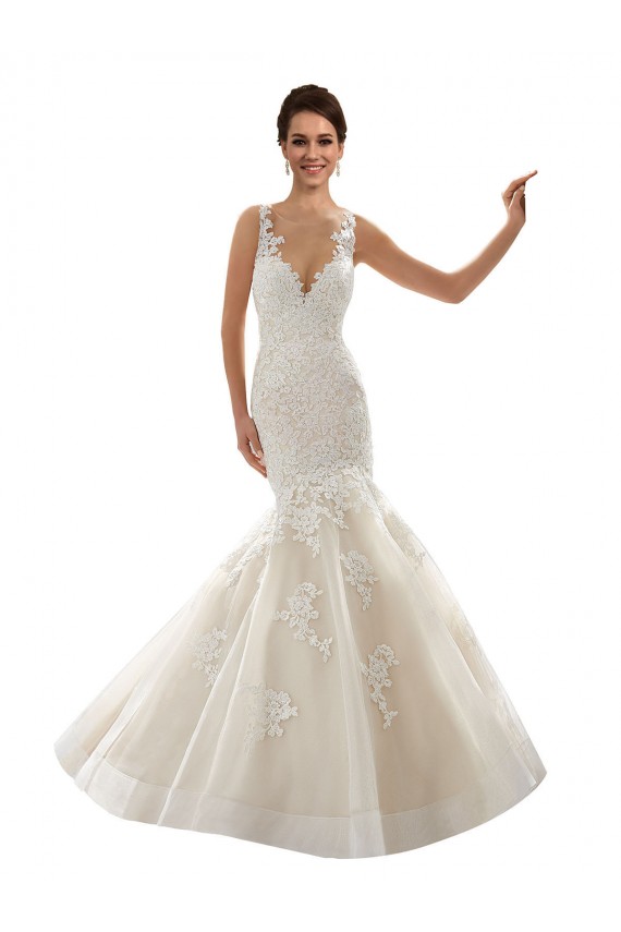 Acquista Avorio & Champagne Stile sirena Scollatura a V Tulle Pizzo Classico Abiti da sposa
