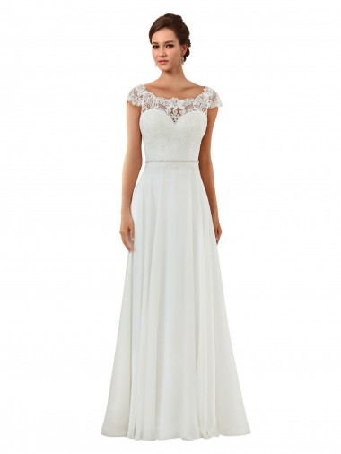 Acquista Avorio Linea A Barca Chiffona Classico Abiti da sposa
