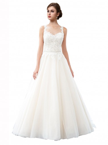 Acquista Avorio Linea A Illusione Cattedrale di treno Tulle Pizzo Spiaggia Abiti da sposa