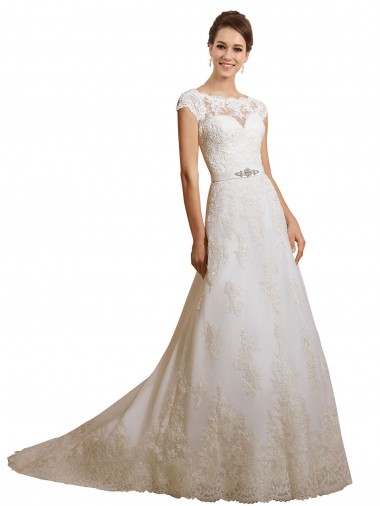 Acquista Avorio Linea A Illusione Tulle Pizzo Classico Abiti da sposa