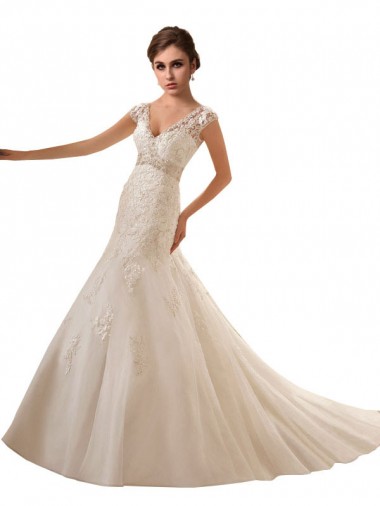 Acquista Avorio Linea A Scollatura a V Tulle Pizzo Abiti da sposa