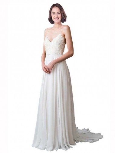 Acquista Avorio Linea A Sottili Scollatura a V Chiffona Pizzo Spiaggia Abiti da sposa