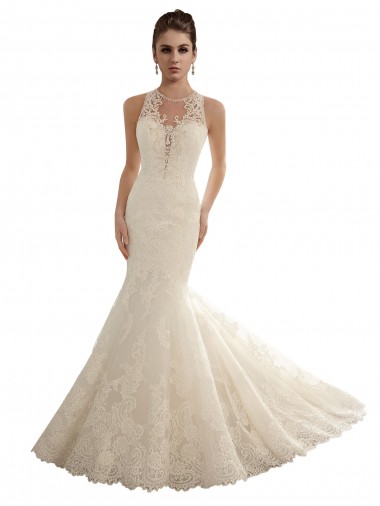 Acquista Avorio Stile sirena Illusione Pizzo Abiti da sposa