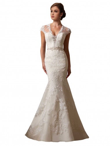 Acquista Avorio Stile sirena Illusione Scollatura a V Tulle Pizzo Abiti da sposa