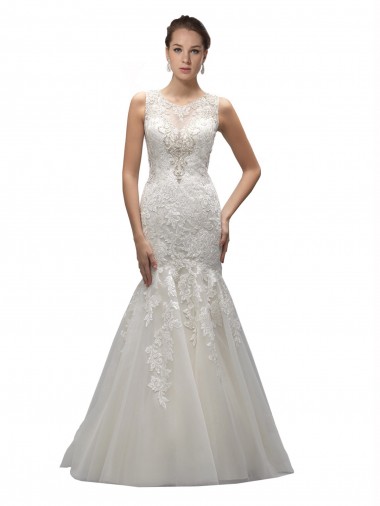 Acquista Avorio Stile sirena Illusione Sweep treno Tulle Pizzo Abiti da sposa