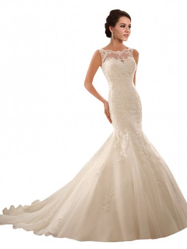 Acquista Avorio Stile sirena Illusione Tulle Pizzo Abiti da sposa