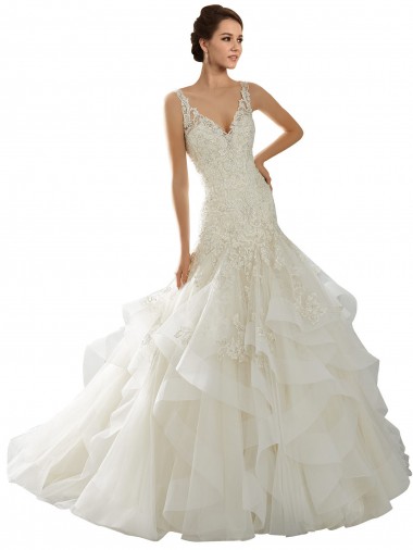 Acquista Avorio Stile sirena Scollatura a V Tulle Abiti da sposa