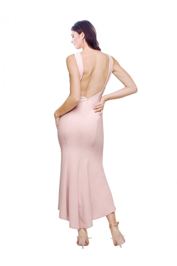 Acquista Rosa Tubino Alto Collo Midi Crespo Elastico Corto Abiti da damigella donore / Abiti da sera / Abiti da cocktail