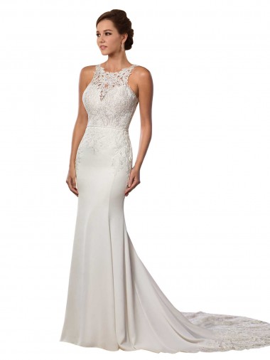 Acquista Avorio Tubino Alto Collo Pizzo Abiti da sposa