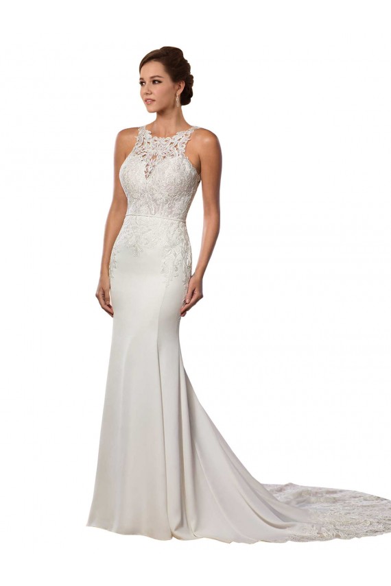 Acquista Avorio Tubino Alto Collo Pizzo Abiti da sposa