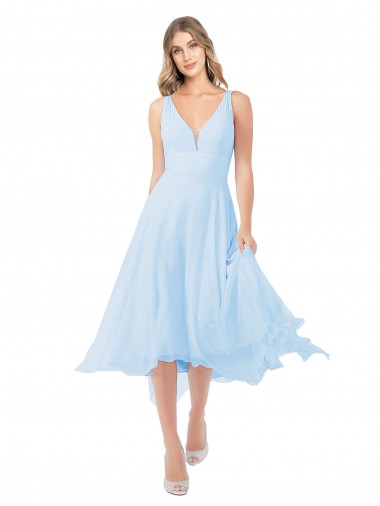 Acquista Azzurro cielo Linea A Scollatura a V Midi Chiffona Corto Abiti da damigella donore / Abiti da cocktail