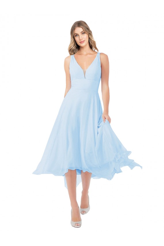 Acquista Azzurro cielo Linea A Scollatura a V Midi Chiffona Corto Abiti da damigella donore / Abiti da cocktail