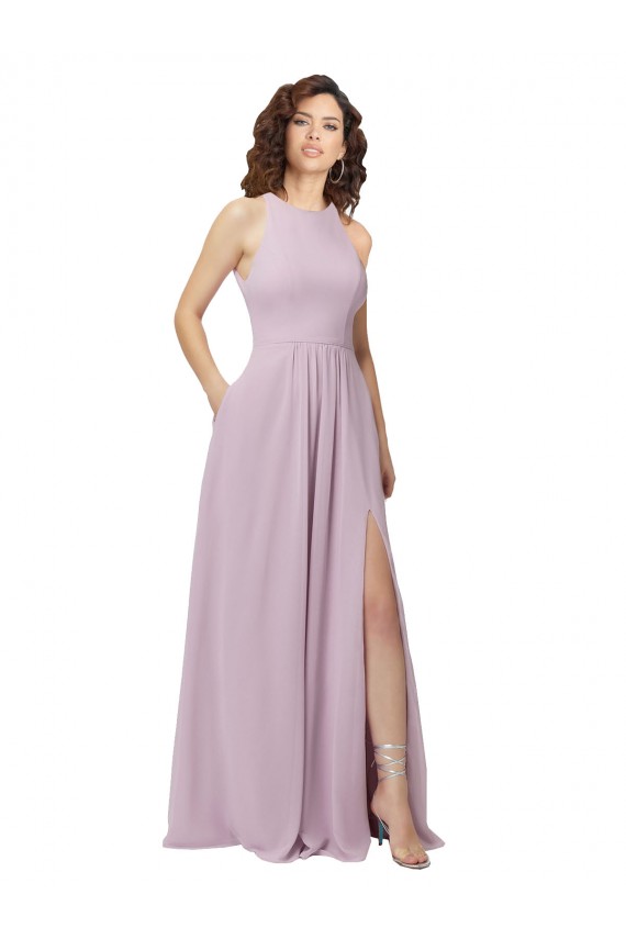 Acquista Bagliore rosa Linea A Capestro Alto Collo Chiffona Lunga Abiti da damigella donore
