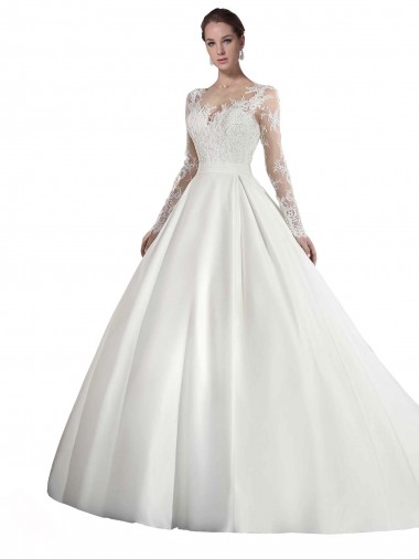 Acquista Bianco Linea A Illusione Cattedrale di treno Raso Pizzo Abiti da sposa