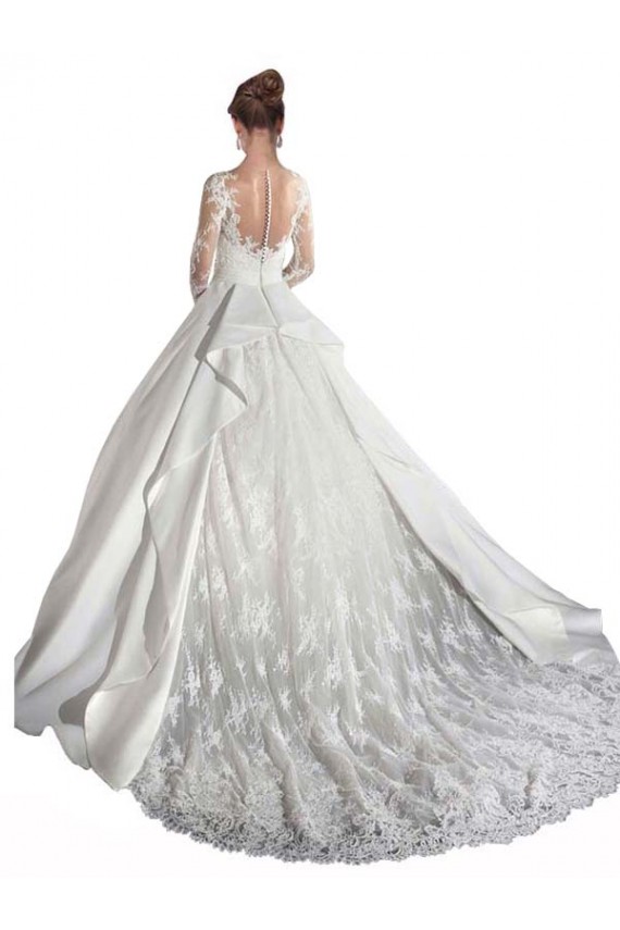 Acquista Bianco Linea A Illusione Cattedrale di treno Raso Pizzo Abiti da sposa