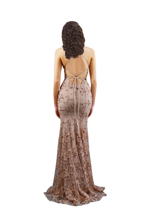 Acquista Oro rosa Stile sirena Alto Collo Crespo Elastico Paillettes Tulle Lunga Formali Abiti da damigella donore / Abiti da sera / Abiti da ballo
