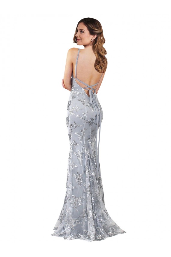 Acquista Argento Stile sirena Alto Collo Crespo Elastico Paillettes Tulle Lunga Formali Abiti da damigella donore / Abiti da sera / Abiti da ballo