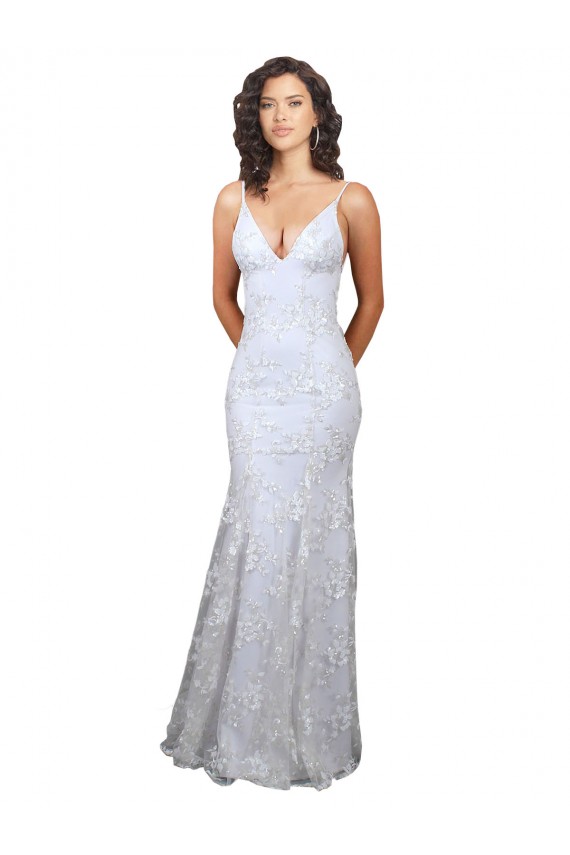 Acquista Bianco Stile sirena Alto Collo Crespo Elastico Paillettes Tulle Lunga Formali Abiti da damigella donore / Abiti da sera / Abiti da ballo