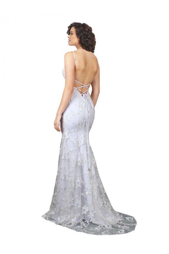 Acquista Bianco Stile sirena Alto Collo Crespo Elastico Paillettes Tulle Lunga Formali Abiti da damigella donore / Abiti da sera / Abiti da ballo