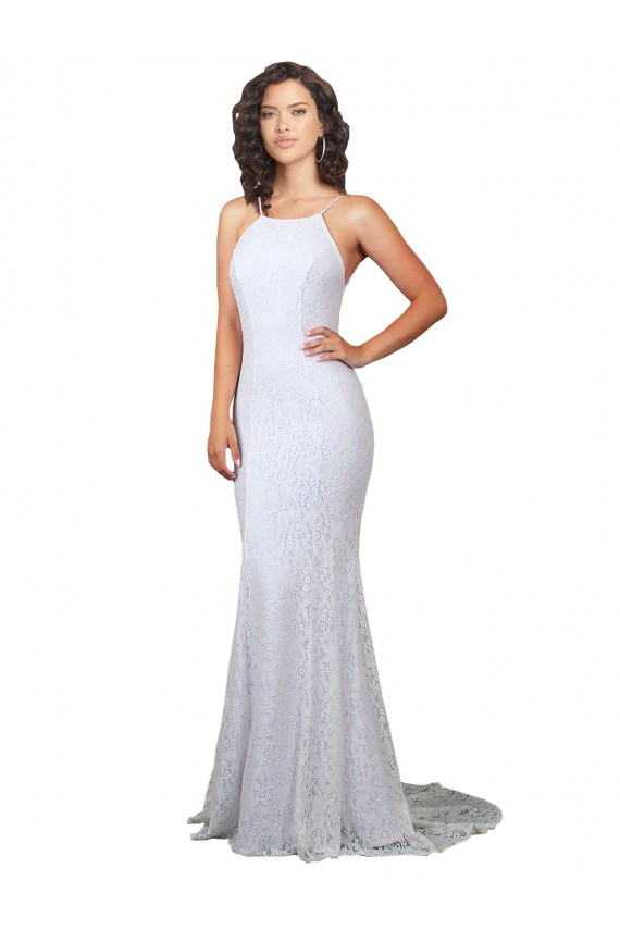 Acquista Bianco Stile sirena Alto Collo Sweep treno Pizzo Abiti da sposa
