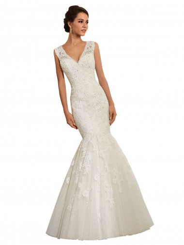 Acquista Bianco Stile sirena Scollatura a V Tulle Pizzo Abiti da sposa