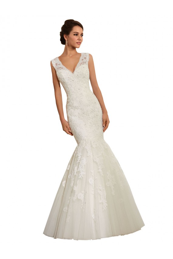 Acquista Bianco Stile sirena Scollatura a V Tulle Pizzo Abiti da sposa