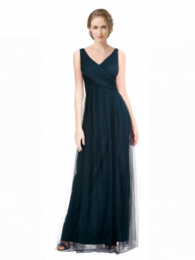 Acquista Blu 7 Linea A Scollatura a V Tulle Lunga Abiti da damigella donore