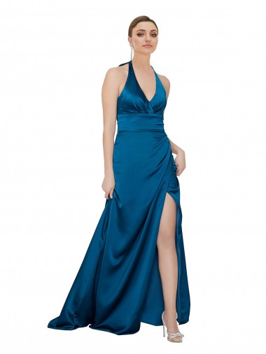 Acquista Blu Pavone Linea A Capestro Raso Setoso Lunga Formali Abiti da damigella donore / Abiti da sera / Abiti da ballo