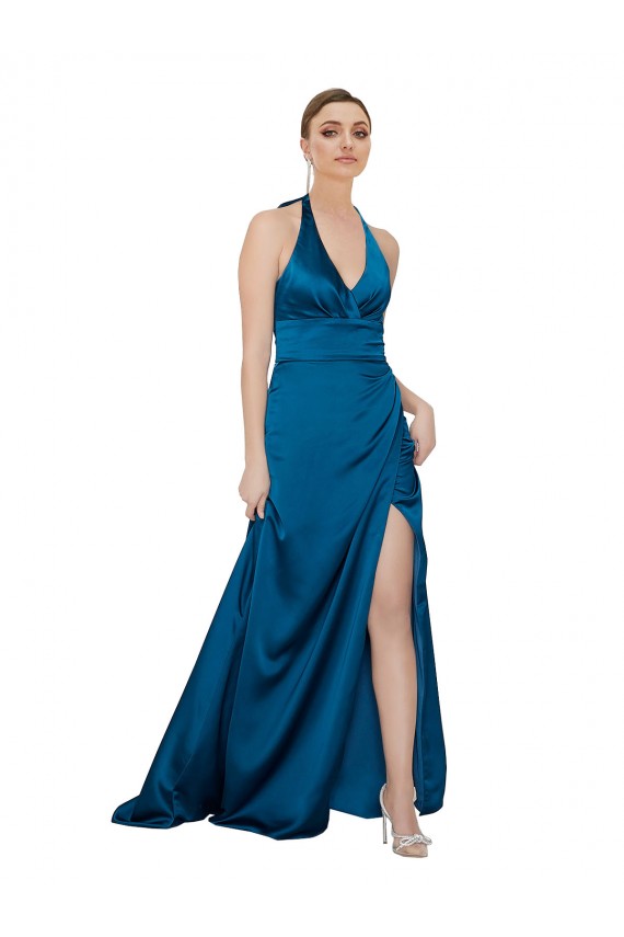 Acquista Blu Pavone Linea A Capestro Raso Setoso Lunga Formali Abiti da damigella donore / Abiti da sera / Abiti da ballo